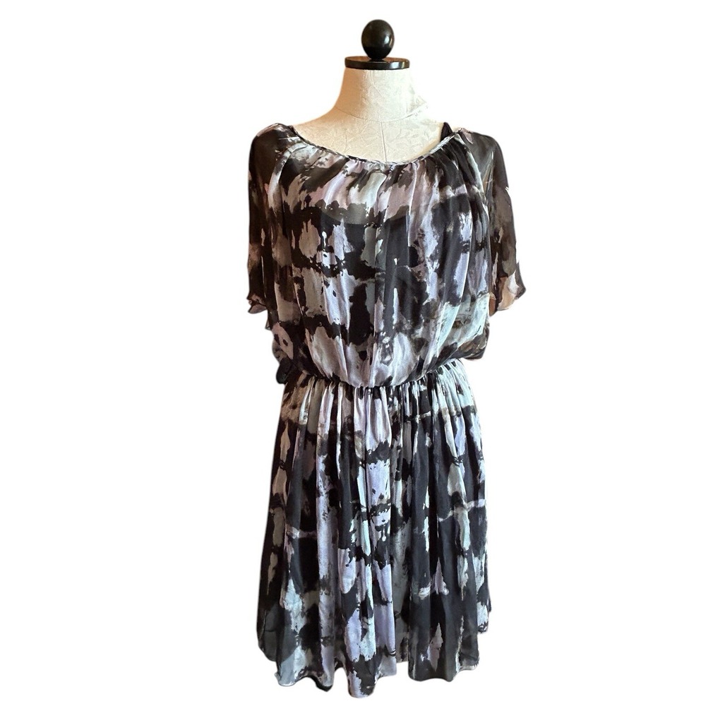 Akiko Silk Black Gray Fairy Goth‎ Flowy Dress Size S Cinch Waist Mini